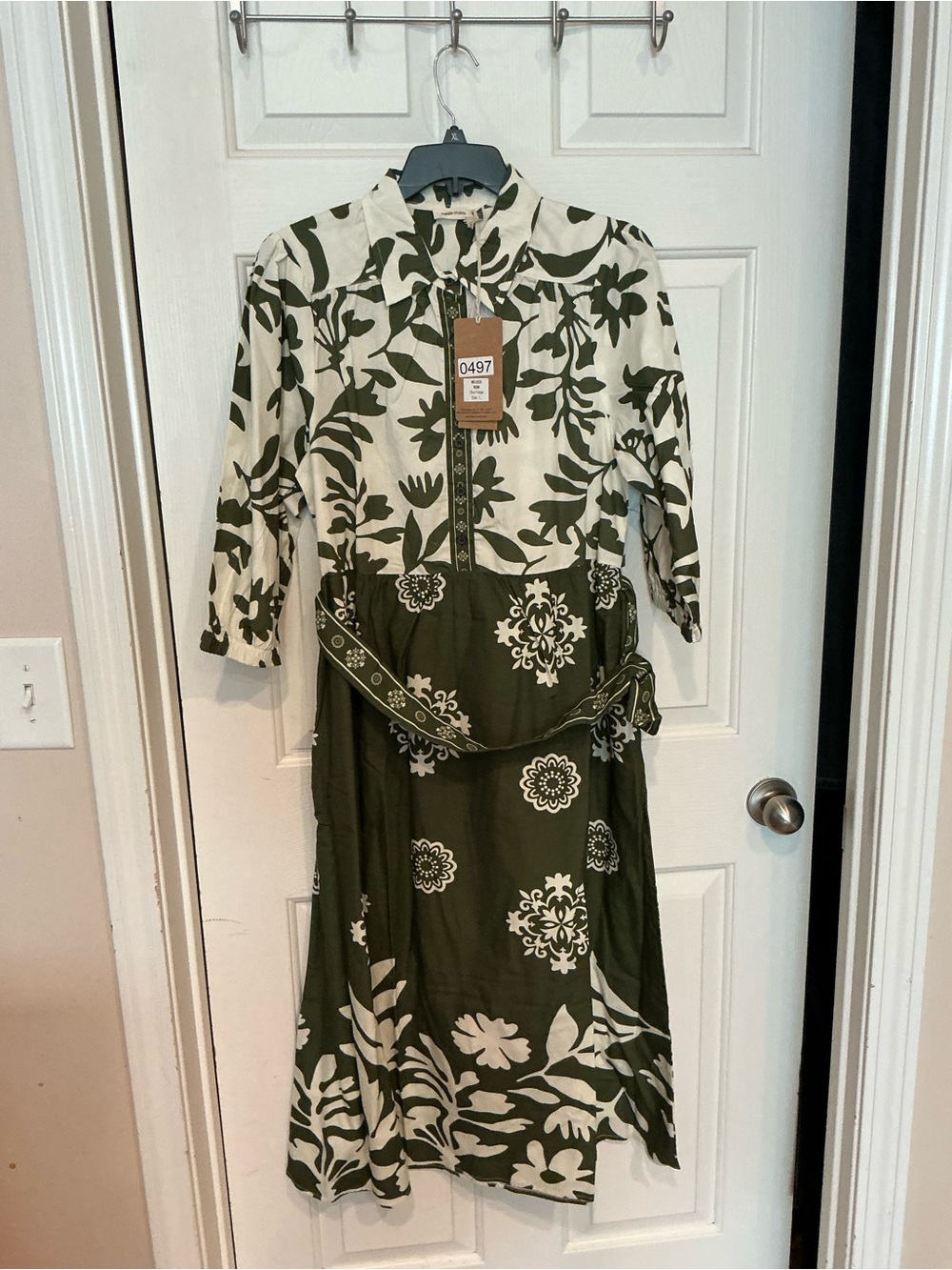 Olive and Cream Floral Tie-Waist Midi Dress — Women's